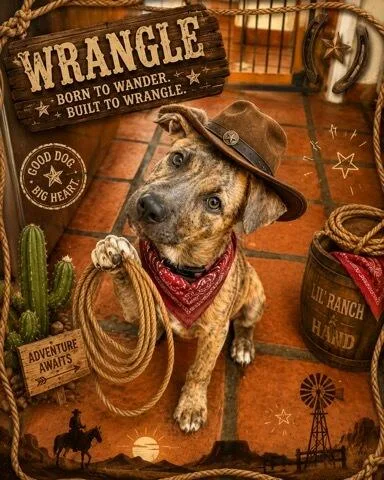 A baby medium-sized male Brindle Mixed Breed dog named Wrangler  Courtesy Listing for adoption in Polson, MT