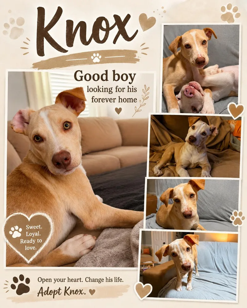 A young medium-sized male Yellow / Tan / Blond / Fawn Labrador Retriever dog named Knox for adoption in Jackson, TN