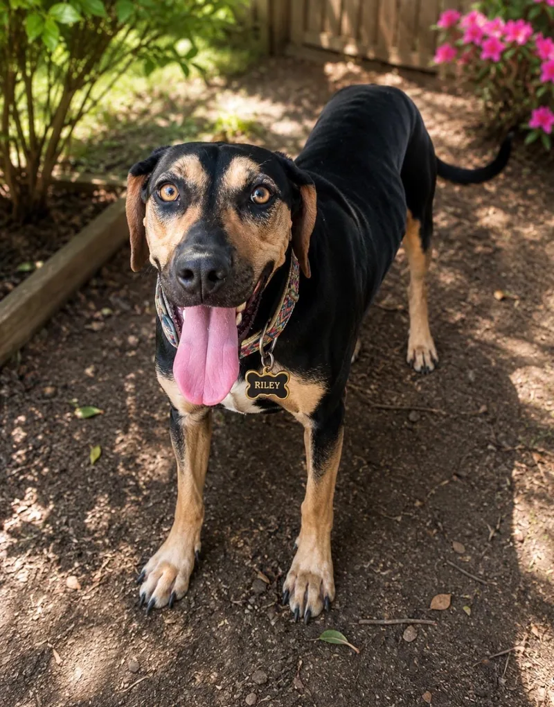 A young medium-sized female Black and Tan Coonhound dog named Riley Jane for adoption in Houston, TX