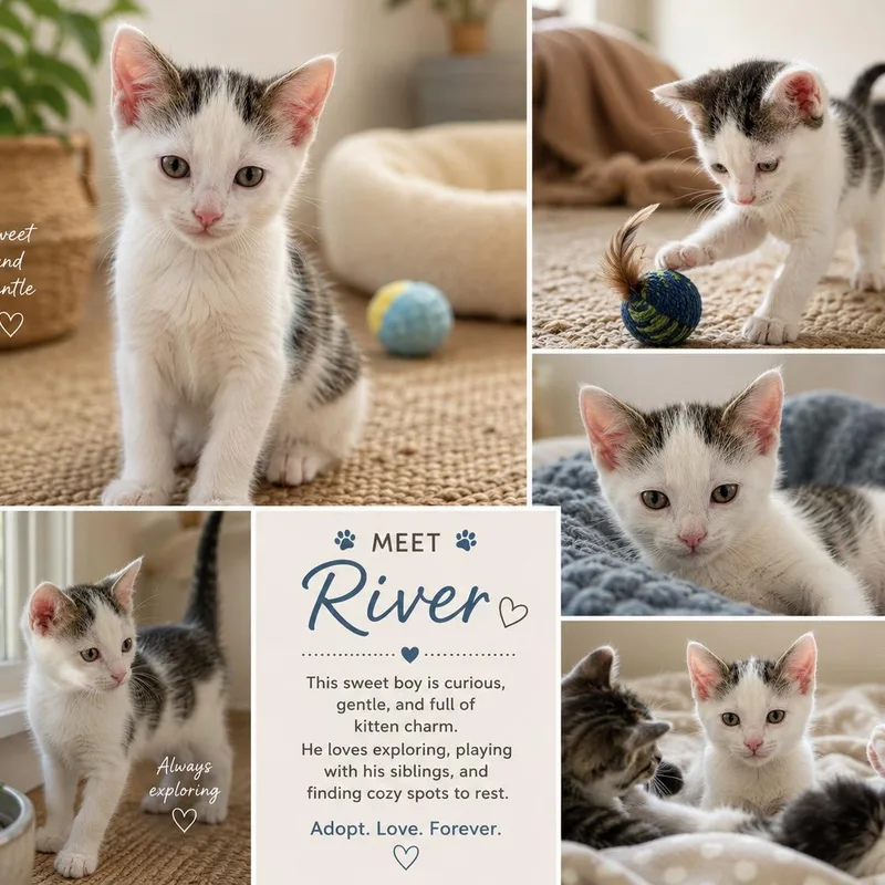 A baby small-sized male Gray & White Domestic Short Hair cat named River for adoption in Bentonville, AR