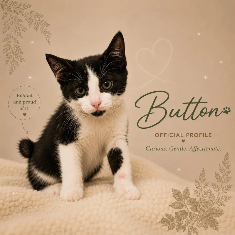 A young medium-sized male Black & White / Tuxedo Domestic Short Hair cat named Button for adoption in Opelika, AL