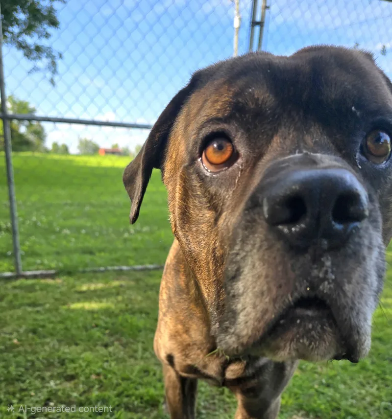 An adult large-sized male Brindle Mastiff dog named Davy Thomas for adoption in Athens, AL
