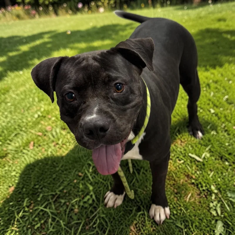 An adult large-sized female Black Staffordshire Bull Terrier dog named Miley for adoption in Kenedy, TX