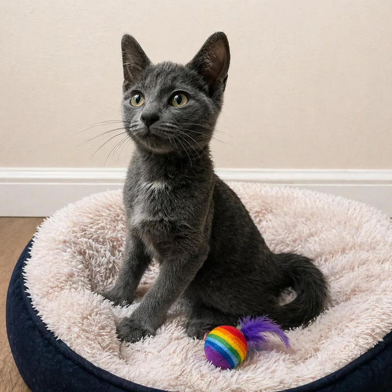 A baby medium-sized male Gray / Blue / Silver Russian Blue cat named Fergus for adoption in Hillsboro, TX