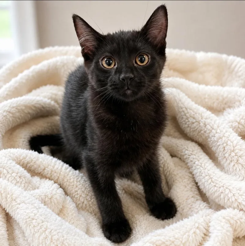 A baby small-sized male Black Domestic Short Hair cat named Bluebell for adoption in Homer Glen, IL