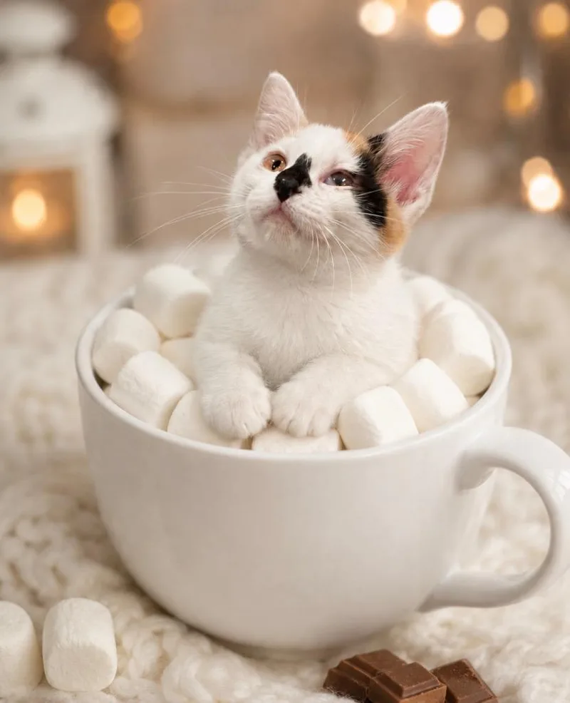 A baby medium-sized female Calico Domestic Short Hair cat named Marshmallow for adoption in Amery, WI