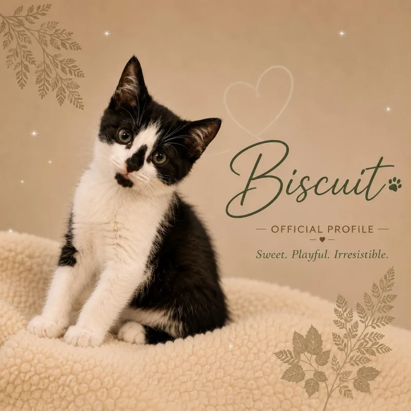 A young medium-sized male Black & White / Tuxedo Domestic Short Hair cat named Biscuit for adoption in Opelika, AL