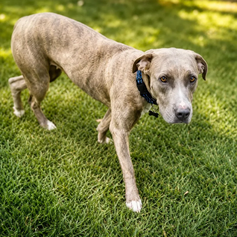 A young medium-sized female Brindle American Staffordshire Terrier dog named Cici for adoption in Houston, TX