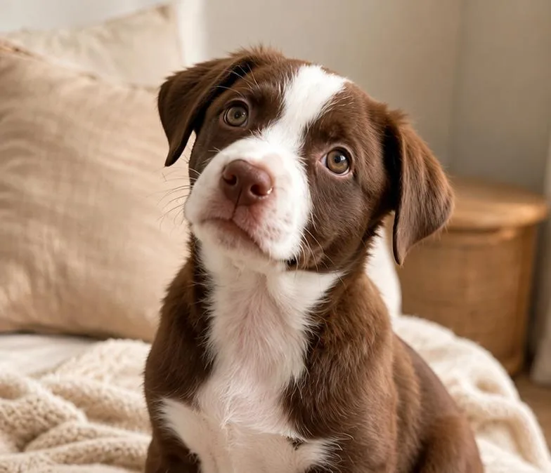 A baby medium-sized female Brown / Chocolate Border Collie dog named Penelope for adoption in Union Grove, WI