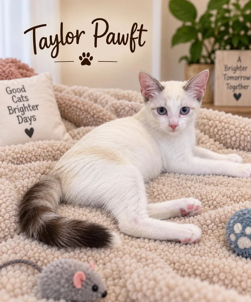 A baby medium-sized female Siamese cat named Taylor Pawft for adoption in Fort Worth, TX