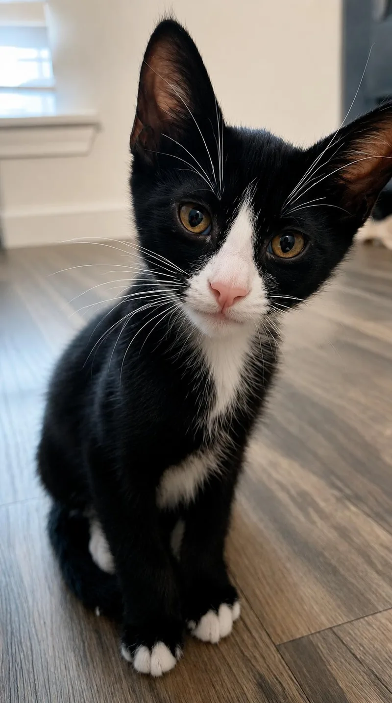 A baby medium-sized female Black & White / Tuxedo Domestic Short Hair cat named Brisa for adoption in Spring Branch, TX