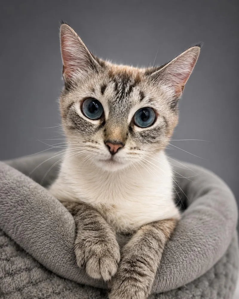 A young medium-sized female Tabby (Gray / Blue / Silver) Siamese cat named Pebbles for adoption in Houston, TX