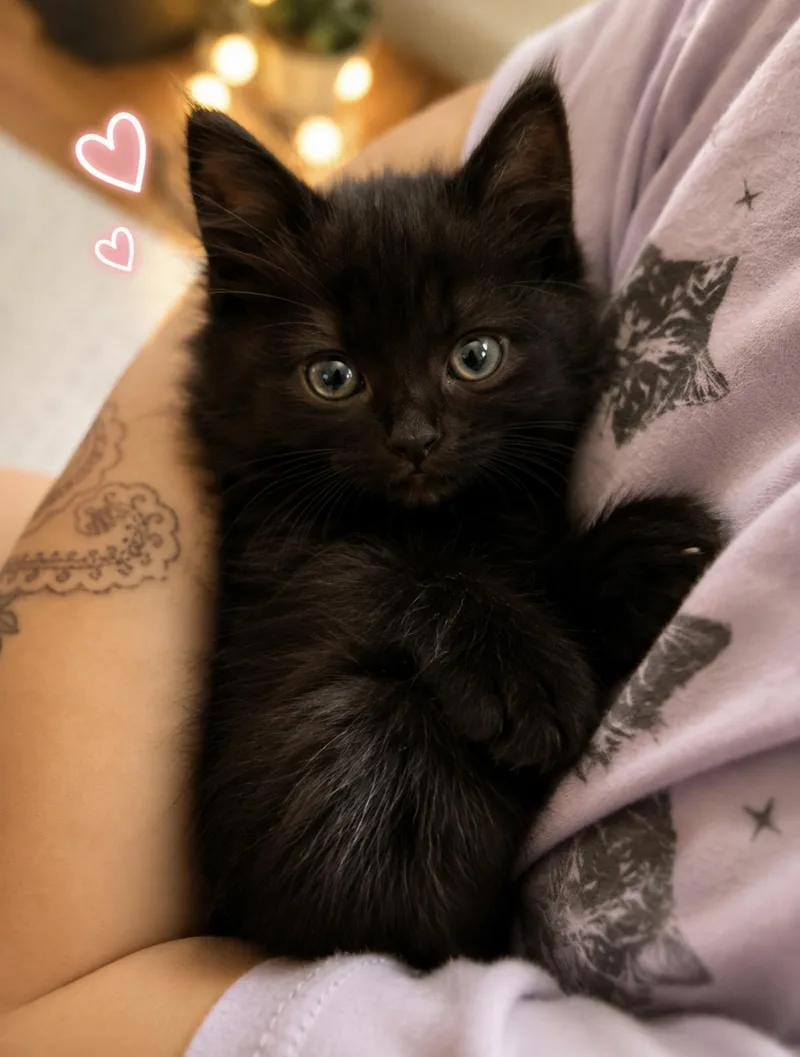 A baby small-sized female Black Domestic Long Hair cat named Fluffy for adoption in Avondale, PA