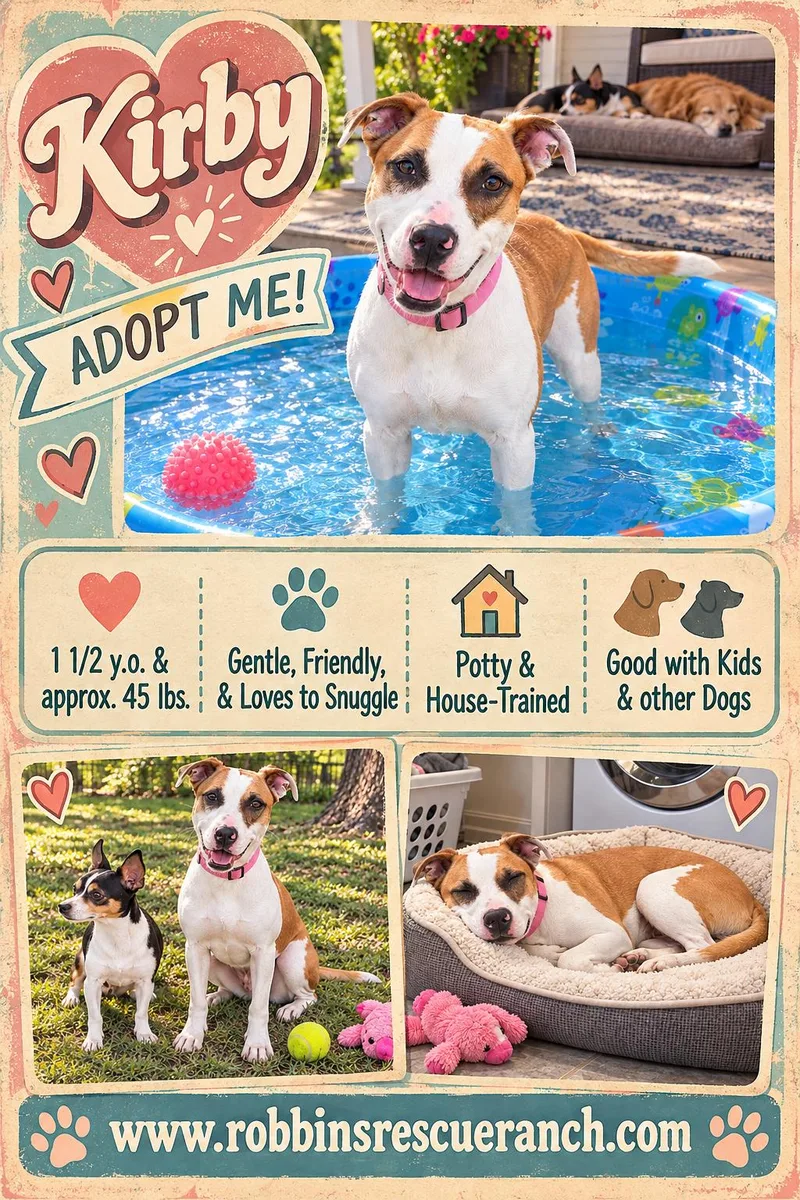A young medium-sized female American Bully dog named Kirby for adoption in Brenham, TX