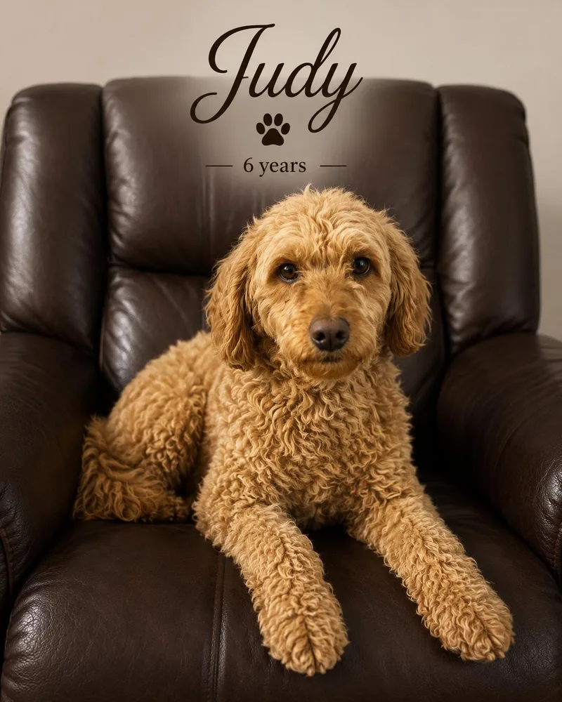 An adult medium-sized female Goldendoodle dog named Judy for adoption in Hop Bottom, PA