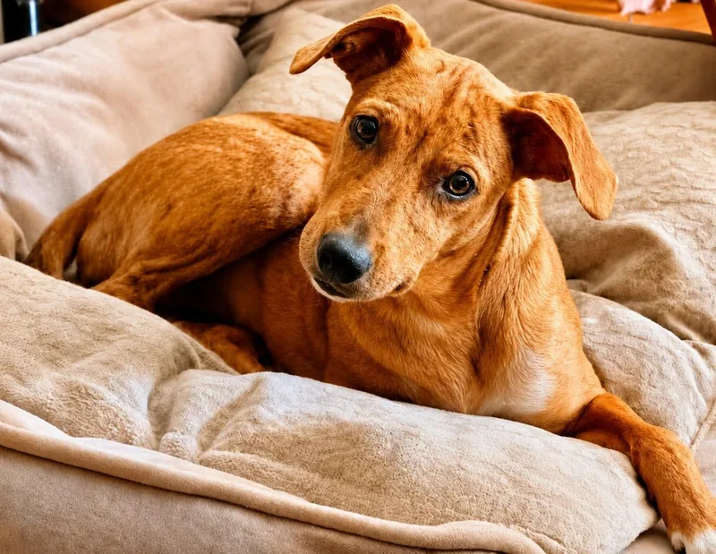 A young medium-sized female Brindle Hound dog named Judy for adoption in Union Grove, WI