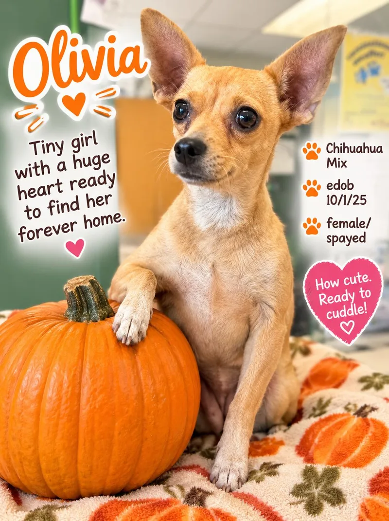 An adult small-sized female Yellow / Tan / Blond / Fawn Chihuahua dog named Olivina BRT for adoption in Missouri City, TX