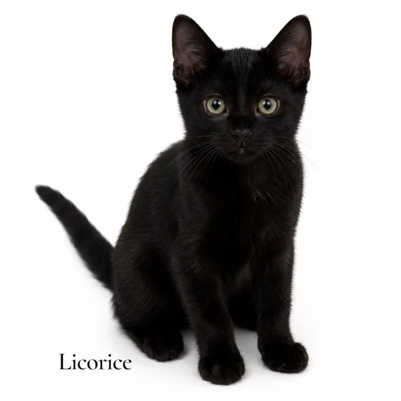 A baby medium-sized male Black Domestic Short Hair cat named Licorice for adoption in Stevensville, MI