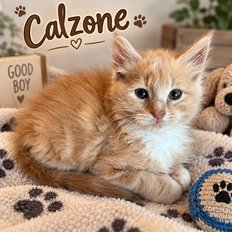 A baby medium-sized male Domestic Long Hair cat named Calzone for adoption in Dickinson, TX