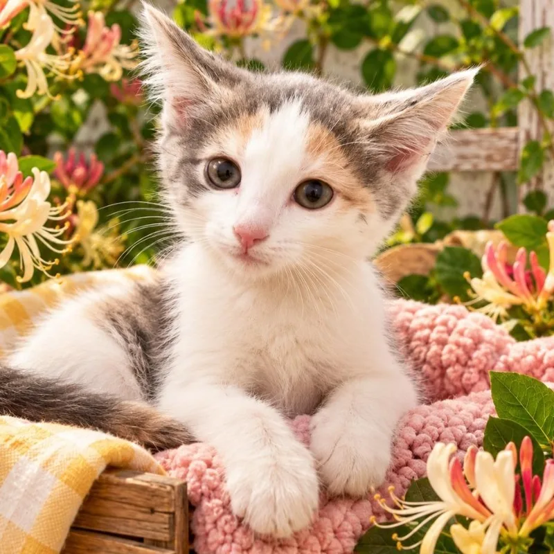 A baby small-sized female Calico Domestic Short Hair cat named Honeysuckle for adoption in Quincy, OH