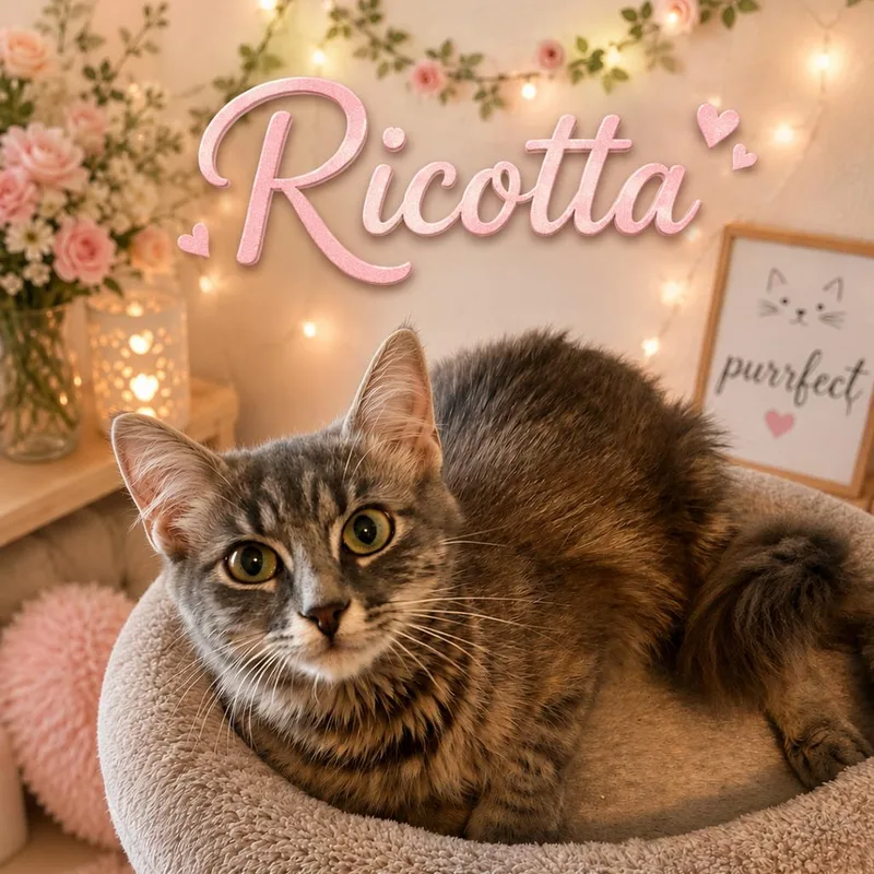A young medium-sized female Gray / Blue / Silver Domestic Medium Hair cat named Ricotta for adoption in League City, TX