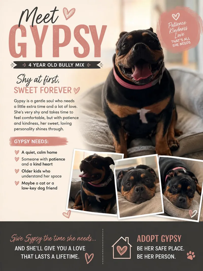 An adult large-sized female Bicolor American Bully dog named Gypsy for adoption in Westerly, RI