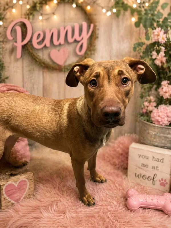 A young medium-sized female Red / Chestnut / Orange Vizsla dog named Penny for adoption in Byron, IL
