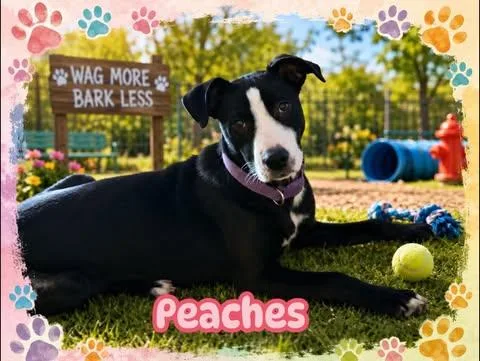 A baby medium-sized female Black Labrador Retriever dog named Peaches for adoption in San Antonio, TX