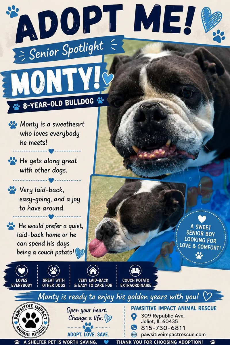 A senior medium-sized male English Bulldog dog named Monty for adoption in Joliet, IL