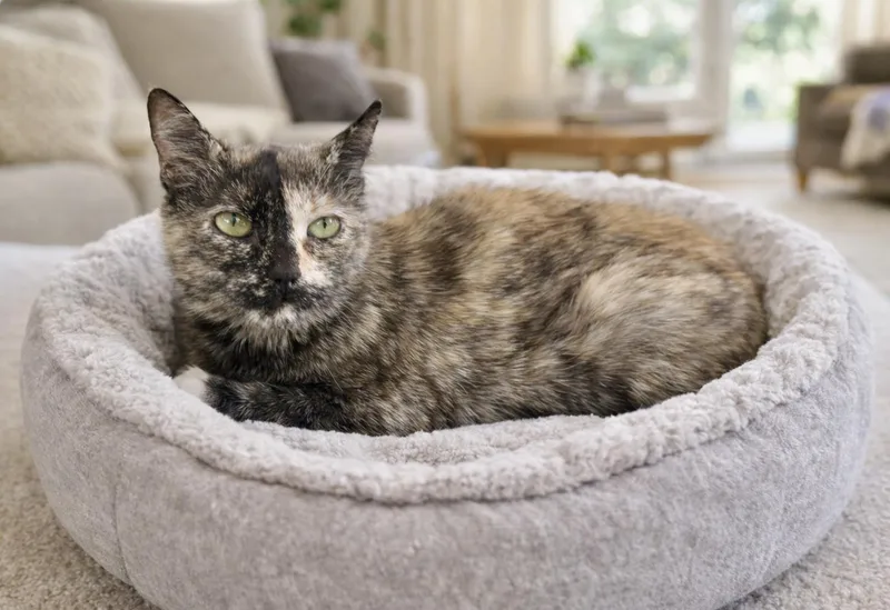 A young medium-sized female Tortoiseshell cat named Miranda for adoption in Bethel, CT
