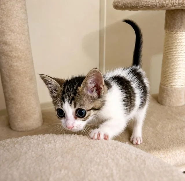 A baby medium-sized female Tabby (Buff / Tan / Fawn) Domestic Short Hair cat named Chicago for adoption in Houston, TX