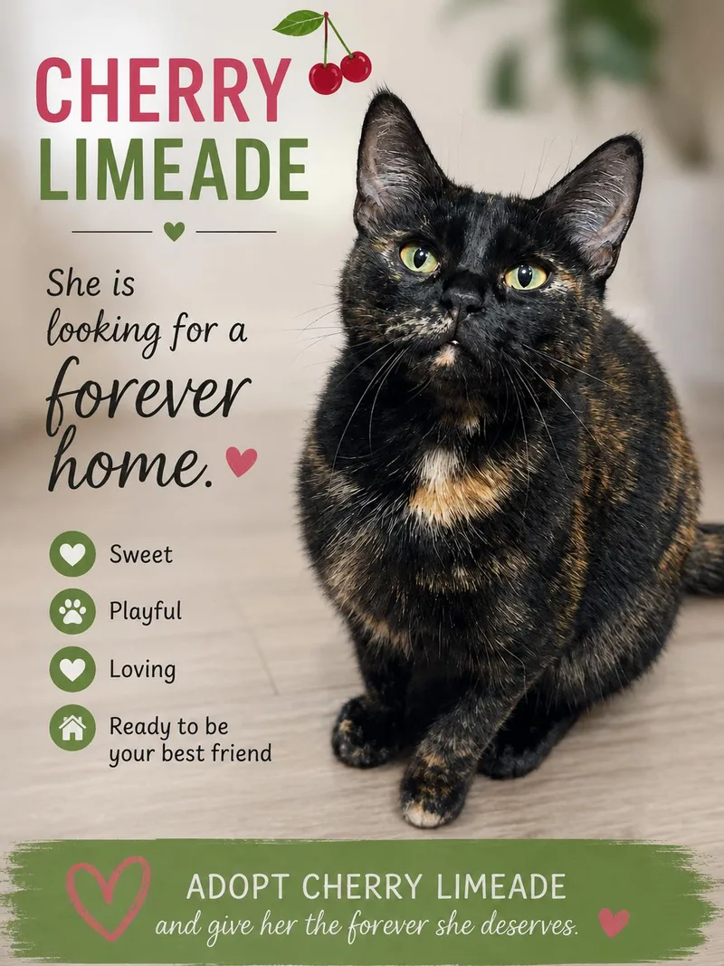 An adult medium-sized female Tortoiseshell Domestic Short Hair cat named Cherry Limeaid for adoption in Fort Worth, TX