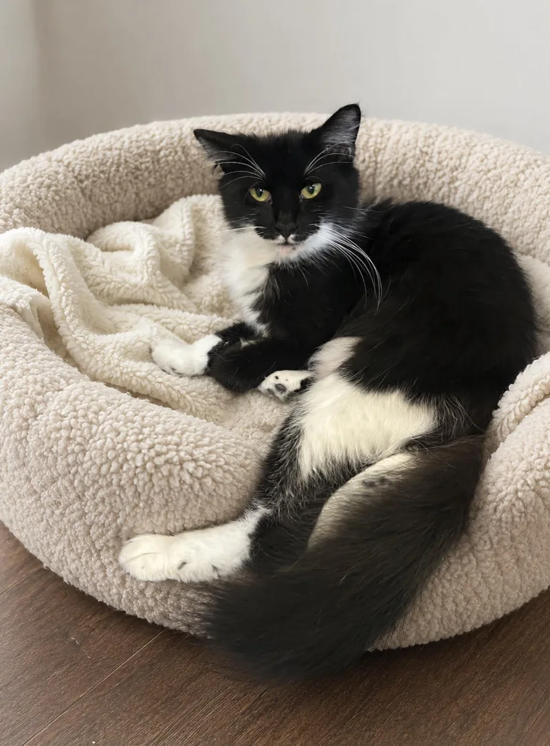 A young small-sized male Black & White / Tuxedo Domestic Long Hair cat named Zane for adoption in Orange, CA