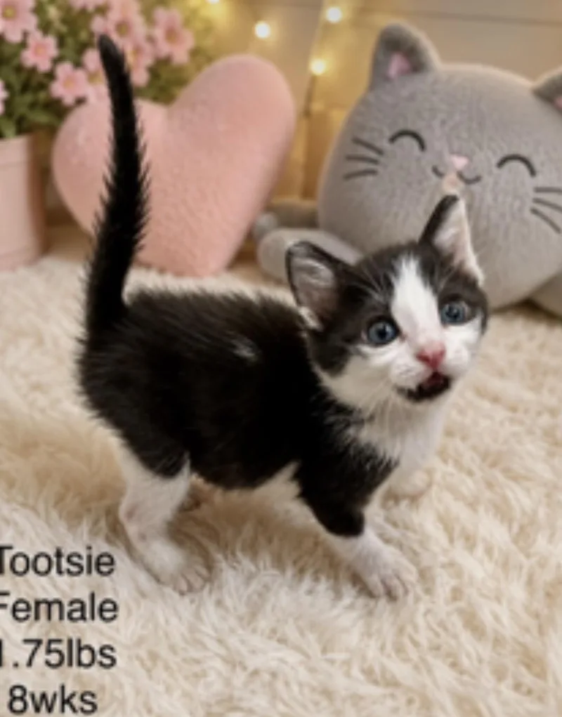 A baby medium-sized female Black & White / Tuxedo Domestic Short Hair cat named Tootsie for adoption in Gainesville, VA