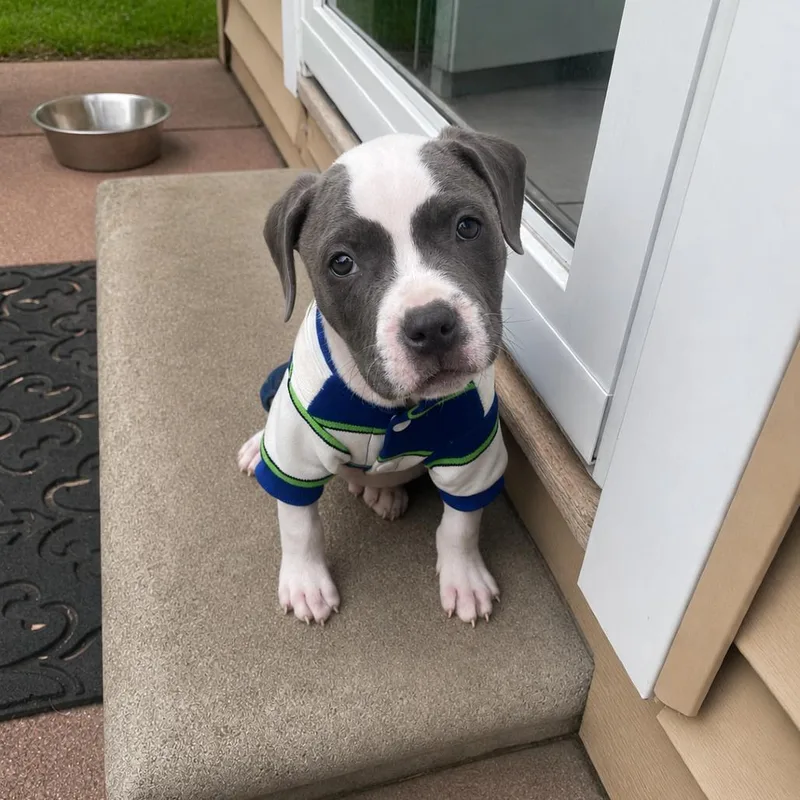 A baby large-sized male Gray / Blue / Silver Pit Bull Terrier dog named Tommy for adoption in Northville, MI