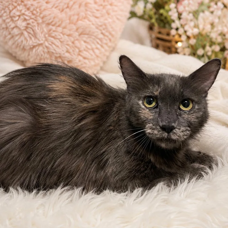 An adult medium-sized female Black Domestic Medium Hair cat named Willow for adoption in Henderson, NV