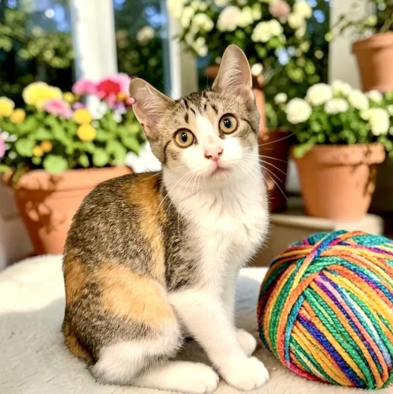 A baby small-sized female Calico Tabby cat named Sasha for adoption in Perry, IA