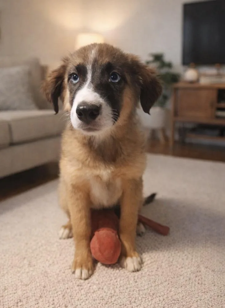 A baby medium-sized male Tricolor (Brown, Black, & White) Australian Shepherd dog named Splash for adoption in Escondido, CA