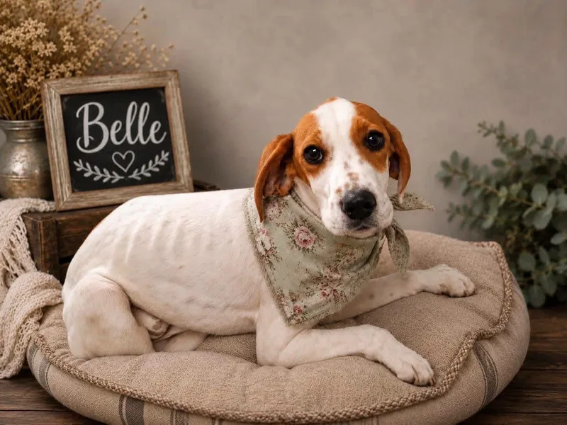 A baby medium-sized female White / Cream Treeing Walker Coonhound dog named Belle for adoption in Copper Hill, VA