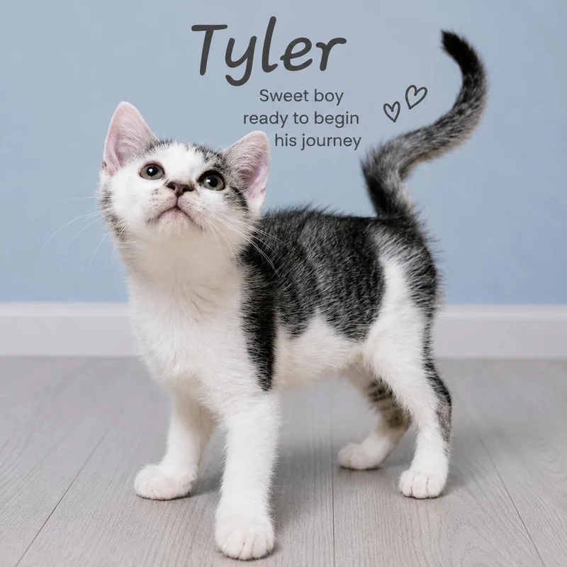 A baby medium-sized male Tabby (Gray / Blue / Silver) Domestic Short Hair cat named Tyler for adoption in Quincy, OH