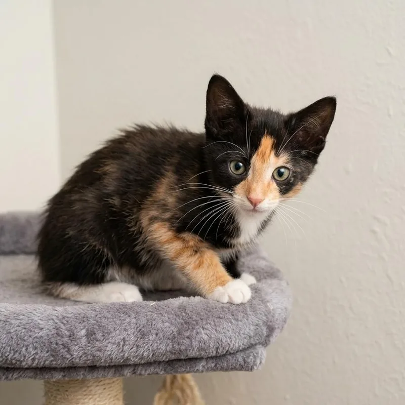 A baby medium-sized female Calico Domestic Short Hair cat named Willow for adoption in Houston, TX
