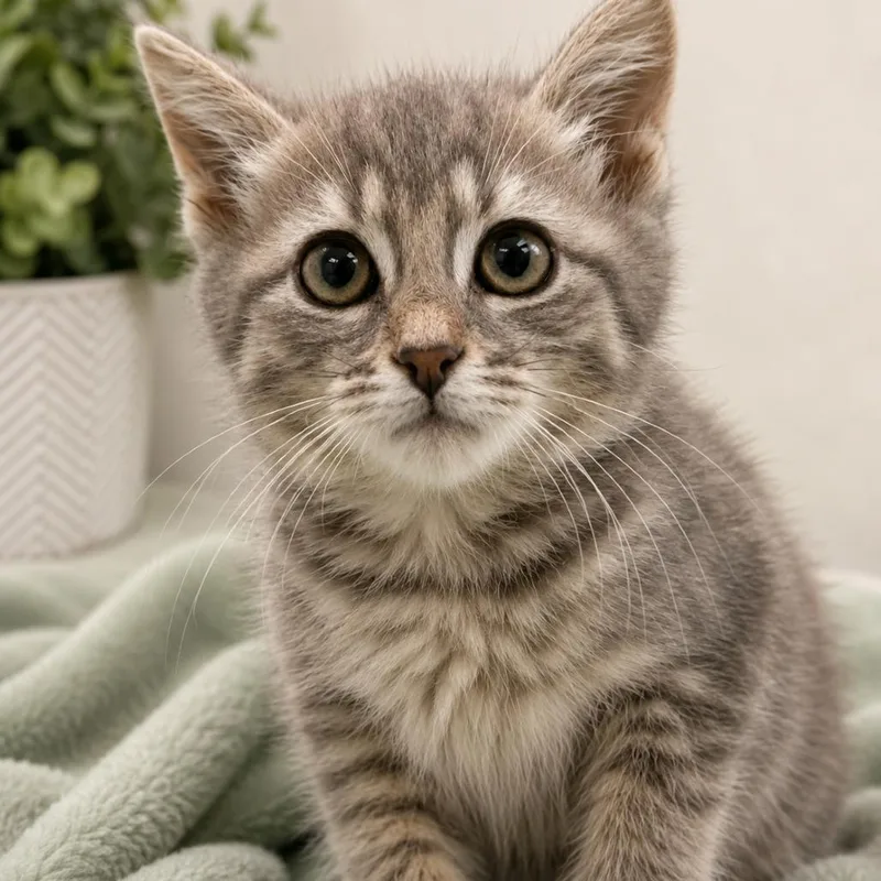 A baby small-sized male Gray / Blue / Silver Domestic Short Hair cat named Relax & Chill for adoption in Fredericksburg, VA