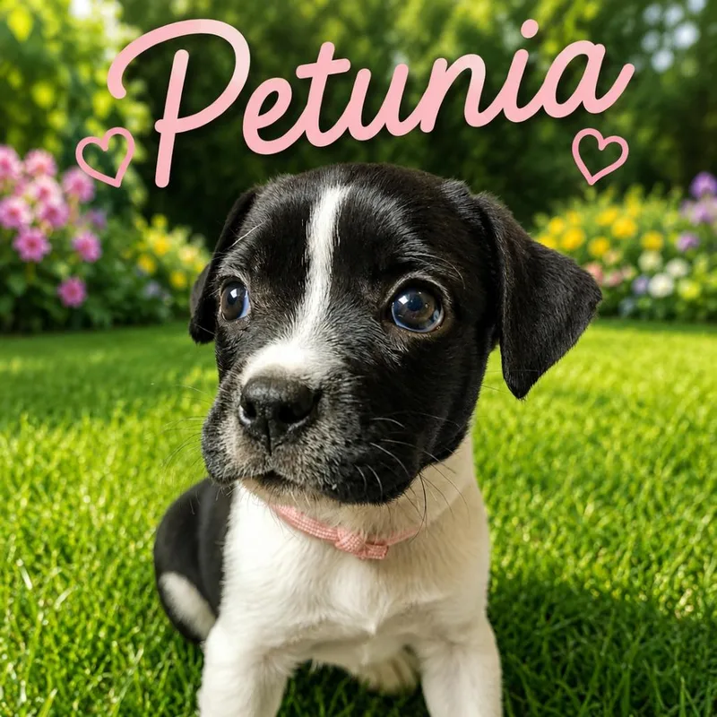 A baby small-sized female White / Cream Boston Terrier dog named Petunia for adoption in Hohenwald, TN