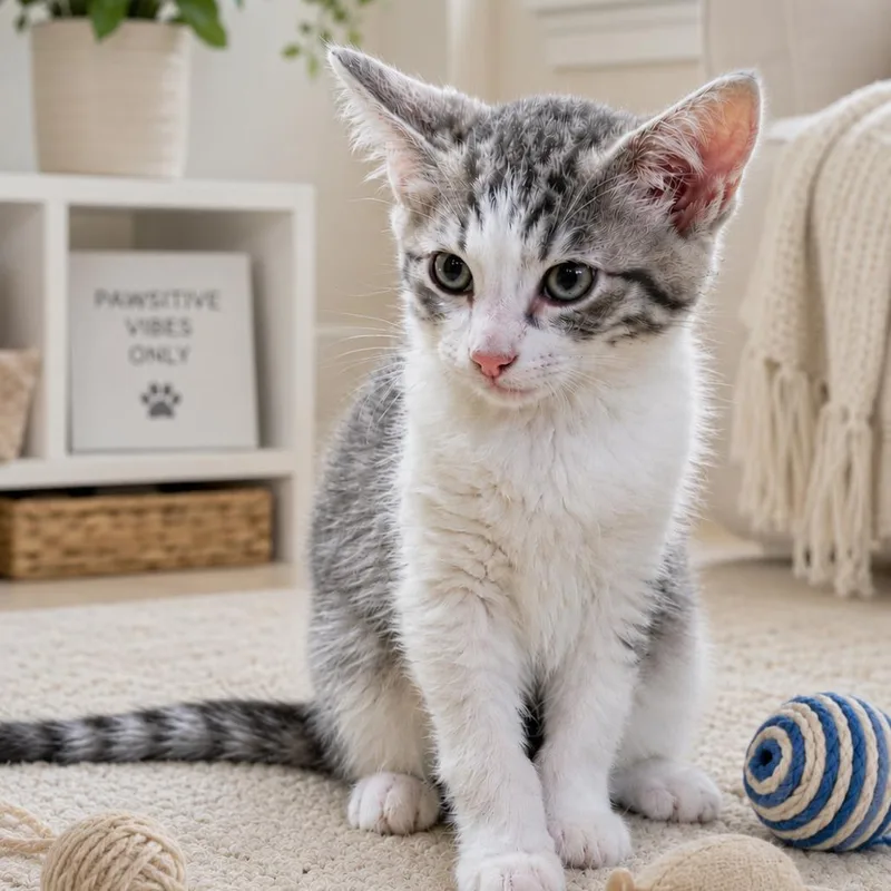A baby small-sized male Gray / Blue / Silver Domestic Short Hair cat named Emerald "Emmett" for adoption in Tustin, CA