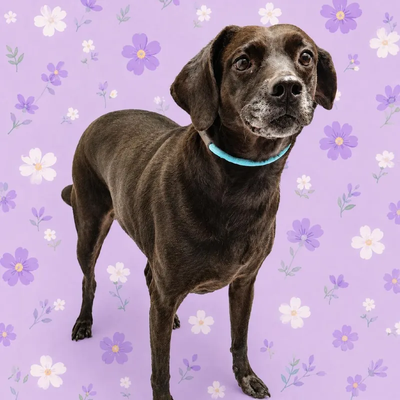 A senior medium-sized female Black Labrador Retriever dog named Sundrop for adoption in Concord, NC