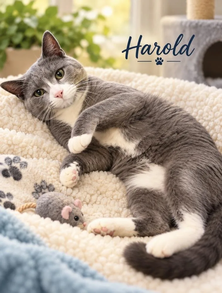 An adult small-sized male Gray & White Domestic Short Hair cat named Harold for adoption in Cedartown, GA