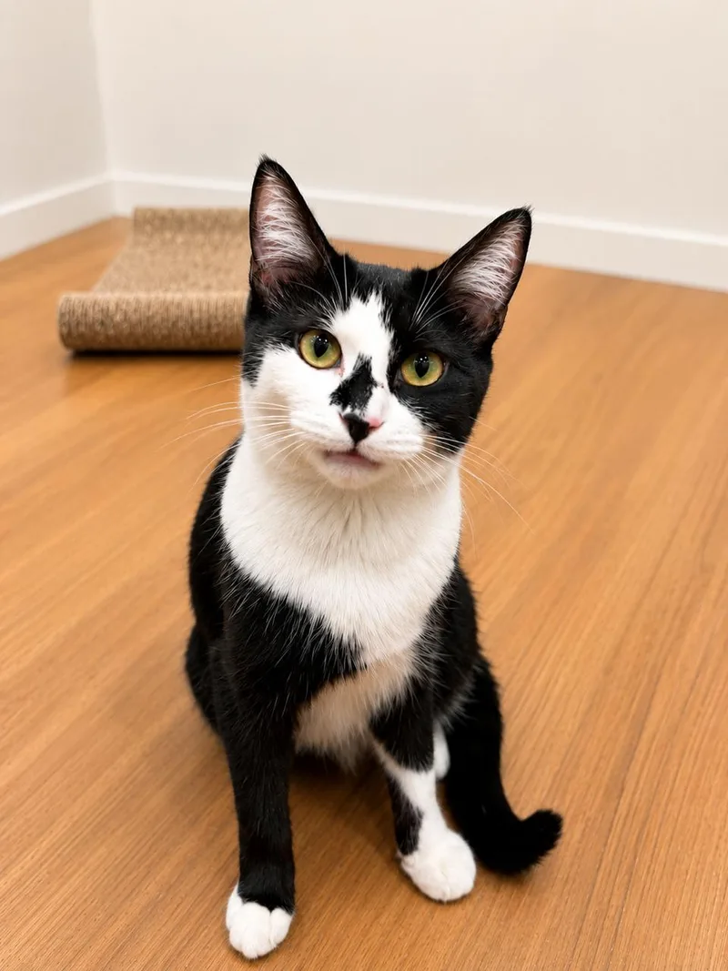 A young medium-sized female Black & White / Tuxedo Tuxedo cat named Sybil for adoption in Los Angeles, CA