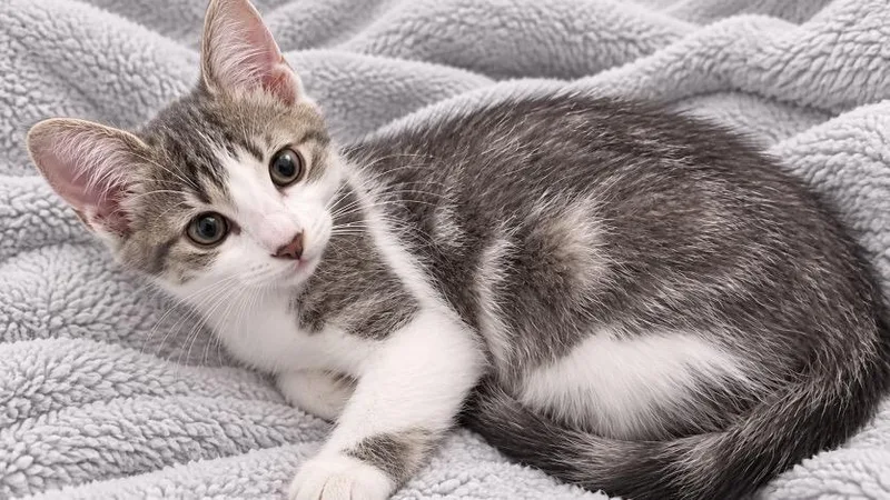 A baby small-sized female Gray & White Tabby cat named Bonnie for adoption in Andover, MN