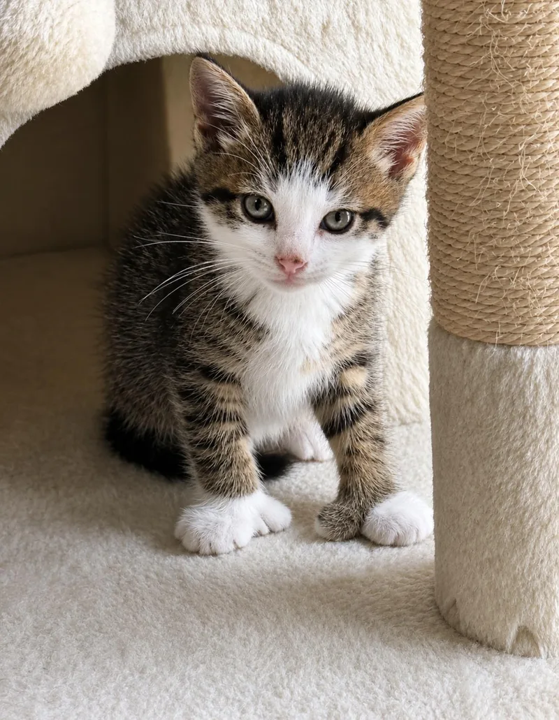 A baby medium-sized female Tabby (Brown / Chocolate) Tabby cat named Zoe polydactyl for adoption in Wyandotte, MI