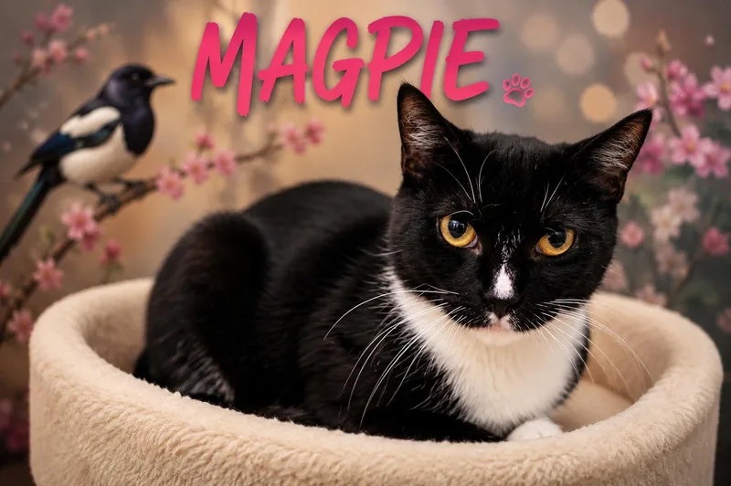 An adult medium-sized female Tuxedo cat named Magpie for adoption in Greenville, DE